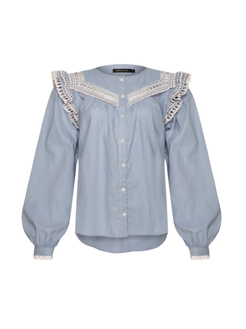 Elegant Lace-Trimmed Blue Blouse